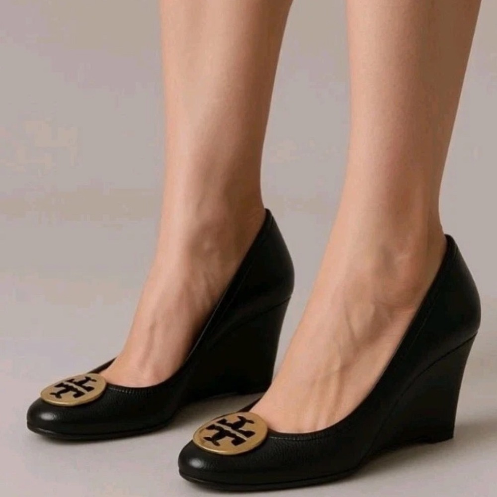 Tory Burch Sophie Wedge Ballet Flats Black Leather Gold Logo Women's 7.5